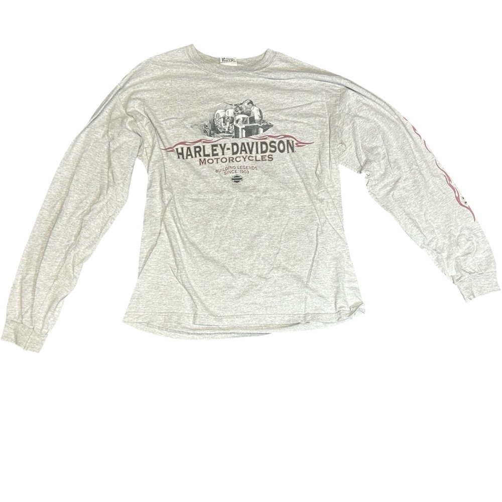 Harley-Davidson Light Gray Long Sleeve Graphic Tee with Red Accents